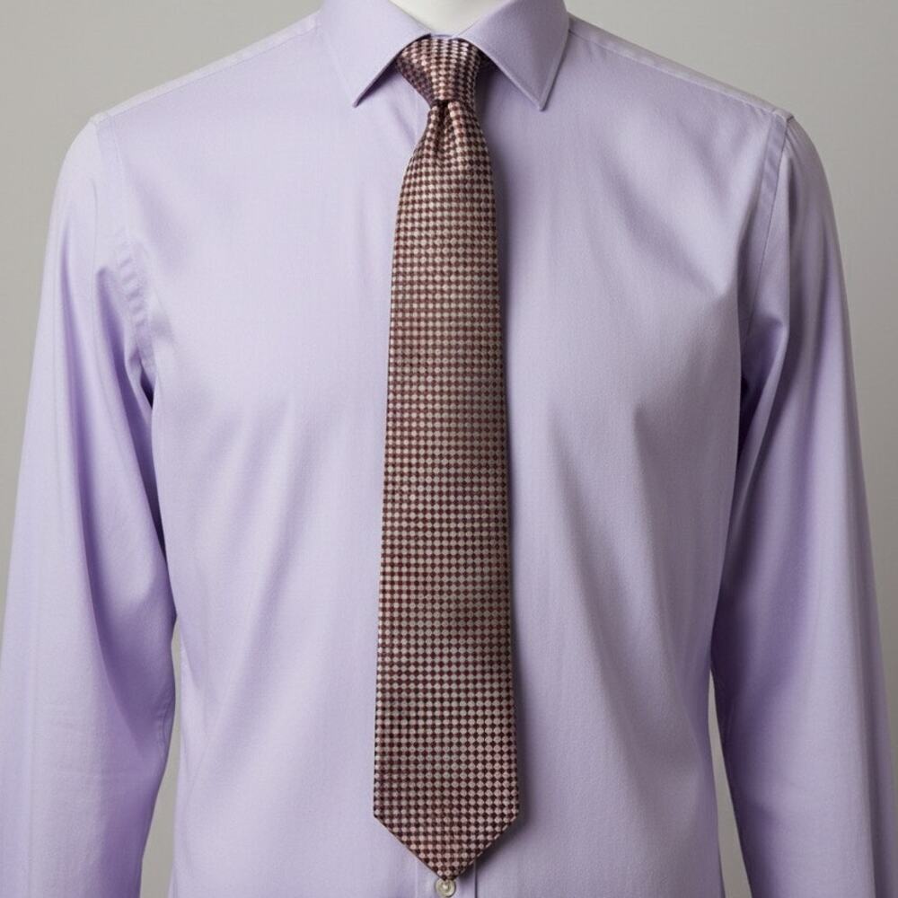 Ike Behar Silk Tie Brown Purple Checkered Hand Tailored USA 58” x 4” Necktie